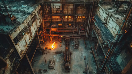 Fototapeta premium A decaying warehouse surrounded by an industrial wasteland, where flickering flames illuminate rusted machines and shadowy walls.