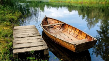 Obraz premium Serene Wooden Boat Docked by Tranquil Lake with Lush Greenery