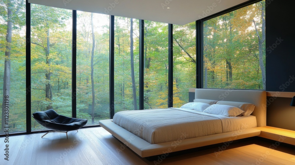 Aufkleber modern bedroom design with large windows and forest view