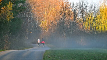 Fototapeta premium Two women jogging in the footpath in the park in a picturesque autumn scene.