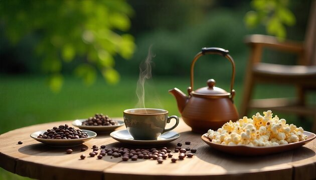 Caf&eacute; et&iacute;ope, mesa com x&iacute;cara de caf&eacute; quente, bule, gr&atilde;os de caf&eacute;  e pipoca.