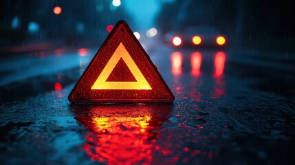 Red Emergency Triangle Reflecting in the Rain at Night 