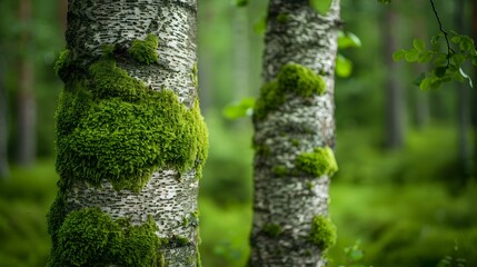 Obraz premium Two trees covered in green moss