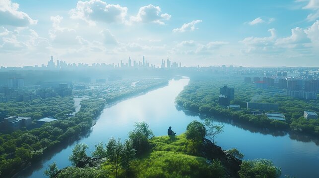 River in Rainforest Landscape from Drone View. Green Jungle Scene of Nature and Water Stream - Aerial View of Beautiful Amazon Environment.