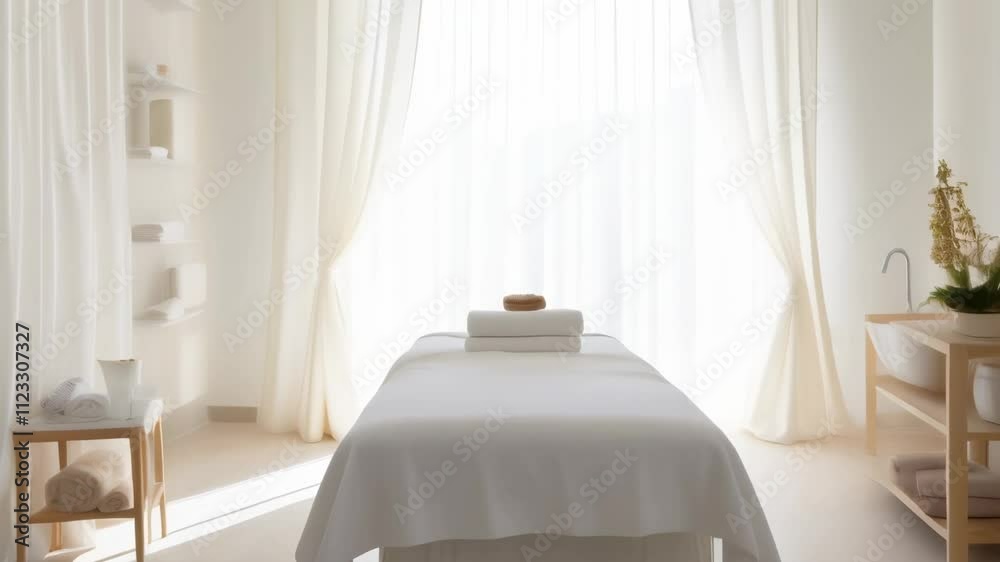 Poster sunlight illuminates a pristine spa room featuring a massage table draped in fresh white linens, com