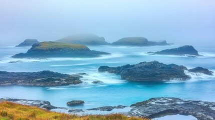 Obraz premium Misty Morning Isles: A Serene Coastal Panorama