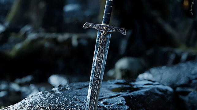 A sword is shown in a dark, moody setting