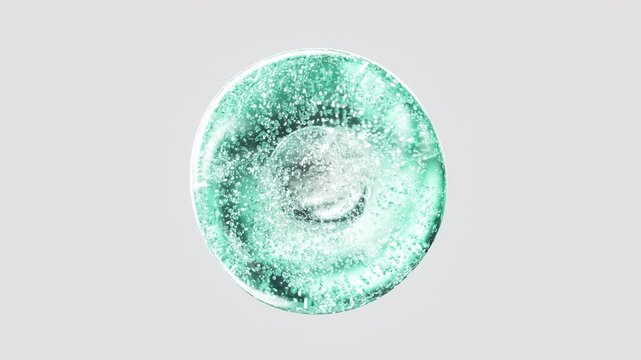 Turquoise cosmetic serum with liquid bubbles in a 3D abstract background. Hydrating essence gel enriched with collagen molecules. Moisturizing cream or oil for advanced skincare, beauty.