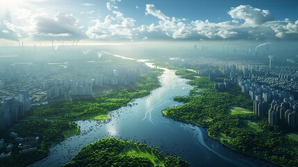 Obraz premium River in Rainforest Landscape from Drone View. Green Jungle Scene of Nature and Water Stream - Aerial View of Beautiful Amazon Environment.