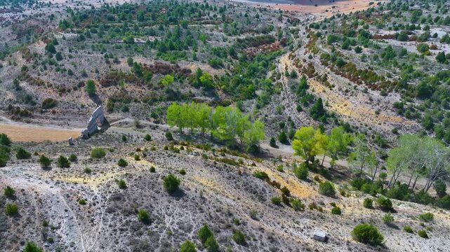 Landscape at the Roman Aqueduct of the village of Zaorejas. Aerial view from drone. Molina Alto Tajo Geopark. Alto Tajo Natural Park. Guadalajara. Castilla la Mancha. Spain. Europe. Rewilding Europe