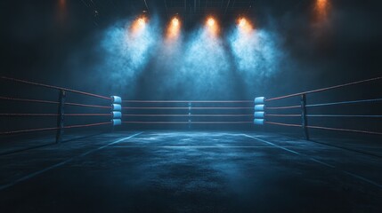 Empty professional boxing ring in the dark, illuminated spotlight. Sport background.