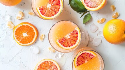 Orange Juice and Orange Slices on White Background, Refreshing Citrus Display with Juicy Liquid and Tangy Fruit.