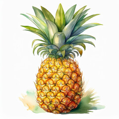 Fototapeta premium Watercolor painting of fresh pineapple isolated on white backdrop. Tropical fruit. Aquarelle art.