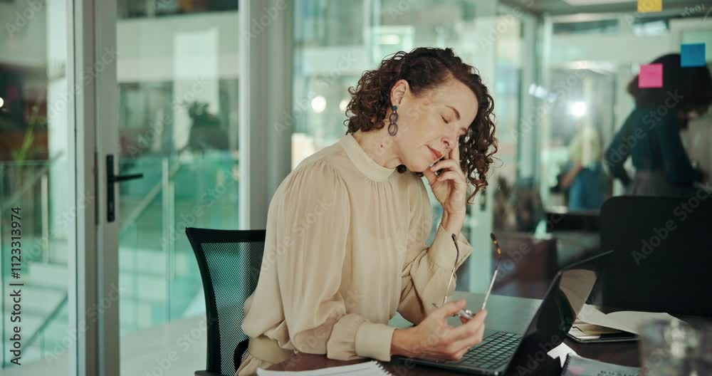 Aufkleber Headache, laptop and stress with designer woman in office for programming or troubleshooting problems. Computer, eye strain and fatigue with creative employee in workplace for software coding