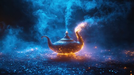 Magical Aladdin lamp releasing ethereal sparkling mist at night 