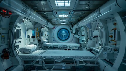 A hospital room in a space station with a large window