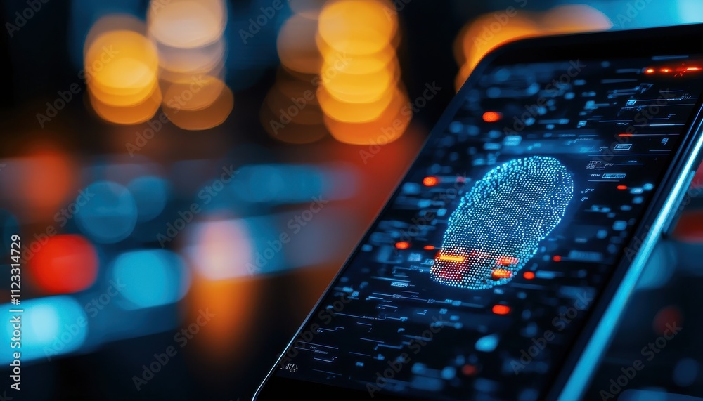 Poster A close-up of a smartphone displaying a digital fingerprint, symbolizing security, technology, and biometric authentication against a blurred background of lights.