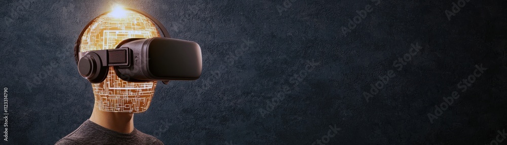 Aufkleber a futuristic figure with a digital, circuit-patterned head wears a vr headset, symbolizing the inter