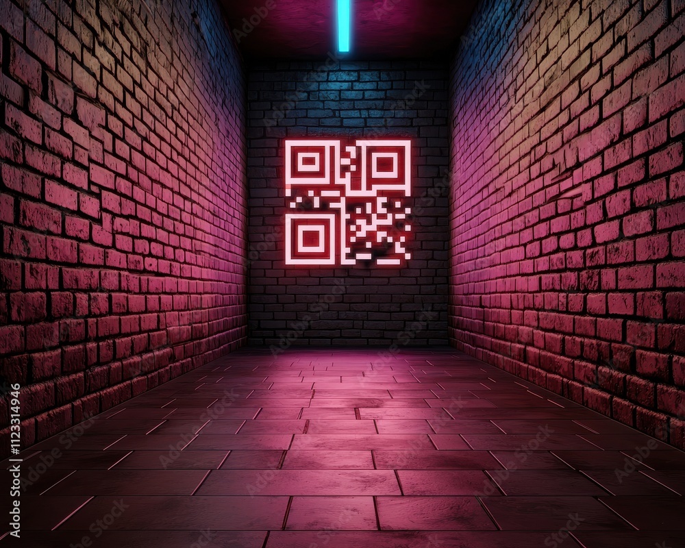 Poster a dimly lit corridor with pink and blue hues features glowing qr codes on a brick wall, creating a m