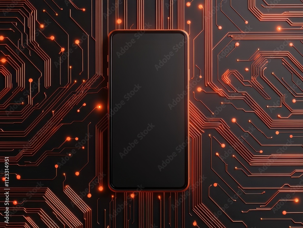 Aufkleber a sleek smartphone is centered on a vibrant circuit board, illuminated by glowing orange lights agai