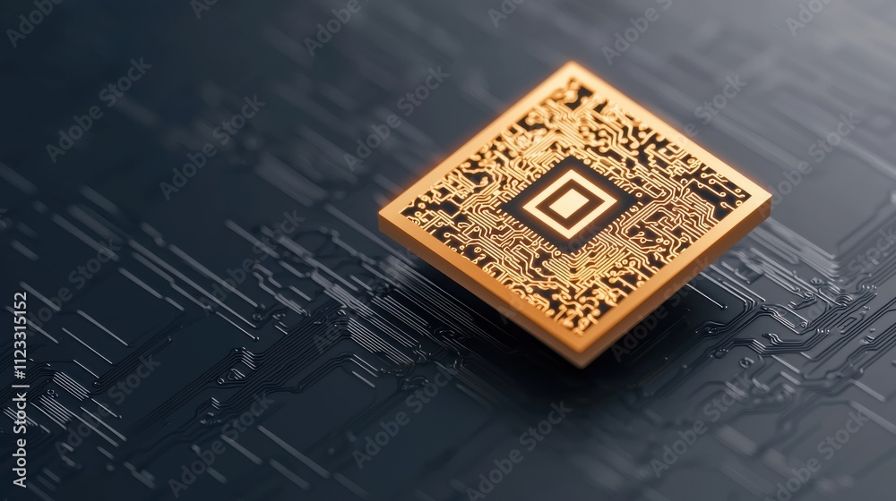 Fototapete a close-up of a gold microchip with intricate patterns, resting on a dark textured surface, highligh