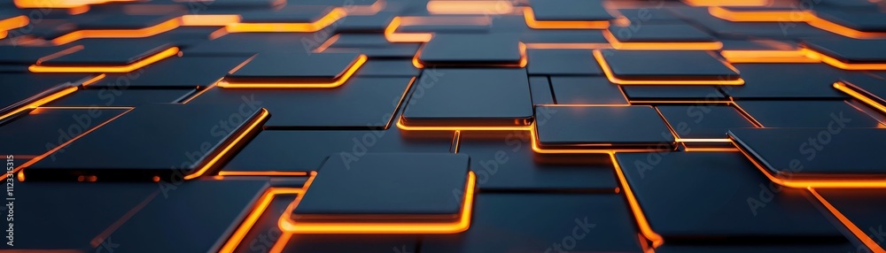 Aufkleber A futuristic digital surface featuring interconnected dark panels with glowing orange edges, creating a dynamic, tech-inspired pattern.