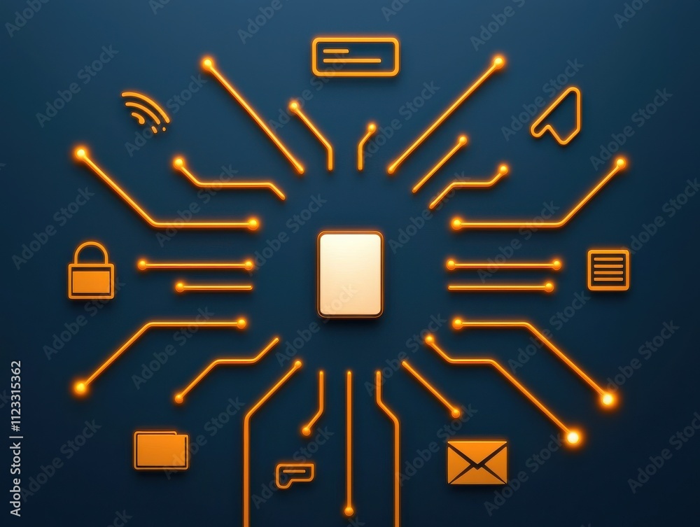 Poster a digital illustration featuring a central device surrounded by glowing icons representing connectiv