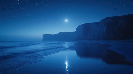 Serene night beach scene with moonlit cliffs reflecting in still water.