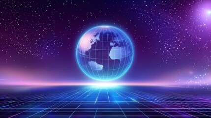 Obraz premium Illuminated glass globe with continental outlines on metallic base