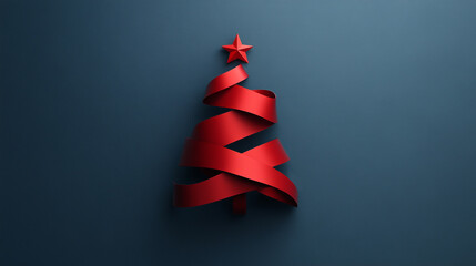 Minimalist Christmas Tree Design with Red Ribbon Swirls and Star Topper on Dark Blue Background – Modern Holiday Decoration Concept