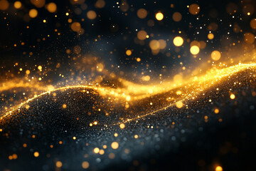 Abstract Golden Glittering Particles and Sparkling Bokeh on Dark Background : Luxurious Festive and Elegant Design Element