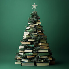 Creative Christmas Tree Made of Stacked Books with green Covers and a Star Topper on green Background – Unique Holiday Decoration Concept