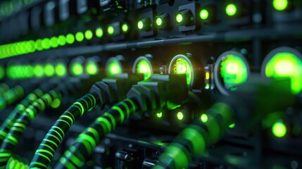 Close-up of illuminated green server connections and gauges in a data center.