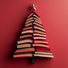 Creative Christmas Tree Made of Stacked Books with Red Covers and a Star Topper on Red Background – Unique Holiday Decoration Concept