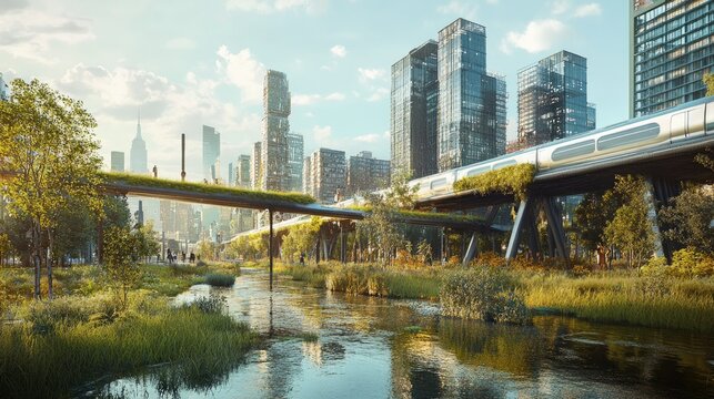 A conceptual design of a hyperloop train system powered by renewable energy, speeding through an urban landscape.
