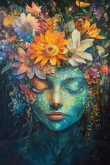 Colorful portrait painting of a beautiful woman with flowers growing from her head and face, symbolizing nature and spirituality, vertical