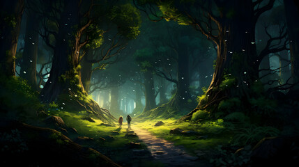 Two figures walk a path through an enchanted forest, bathed in the ethereal glow of dappled sunlight.  Magic seems to fill the air.