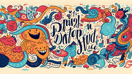 Vibrant doodle art featuring cheerful characters and playful lettering. A burst of color and energy in a whimsical design.