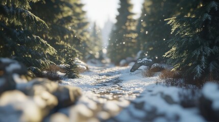 Fototapeta premium Snowy winding path in mountain forest with sunlit evergreens
