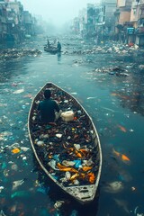 Fototapeta premium Polluted Water Fishing: Fishermen fish amid garbage and dead fish in polluted waters, highlighting environmental degradation and its impact. Ideal for conservation campaigns or pollution warnings.
