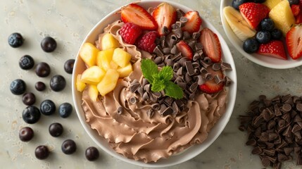 A delicious bowl of chocolate dessert topped with fruits and chocolate shavings.