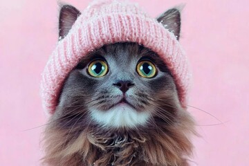Obraz premium Kitten in warm hat isolated on pink background