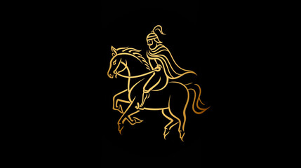 Fototapeta premium Golden Line Art Warrior on Horseback Medieval Knight Equestrian Black Background