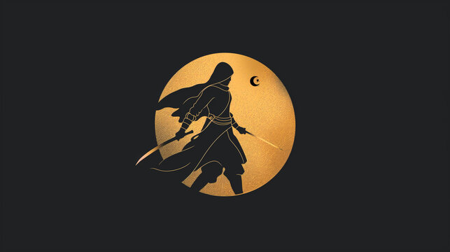 Golden Silhouette Warrior Moon Background Samurai Ninja Sword Graphic Design