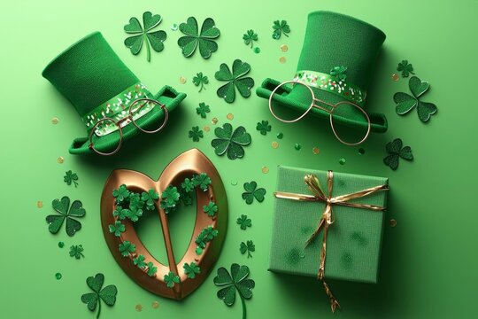 Top view photo of st patricks day decorations hat shaped party glasses horseshoe with green shamrock clover shaped confetti and giftbox on isolated pastel green background with