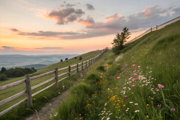 Sunset Serenity on a Grassy Hill with Wooden Fence and Wildflowers