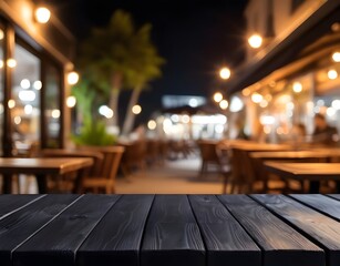 Black Wooden table on blurred background of outdoor restaurant at night. Generative ai