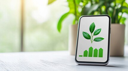 Environmental and sustainablility, reporting concept. Smartphone with green growth icon on a desk with plants.