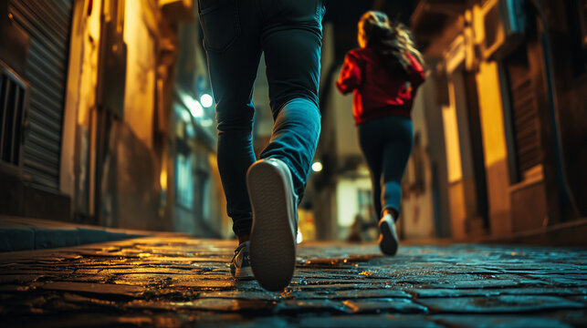 Woman running at night from a pursuing shady figure.