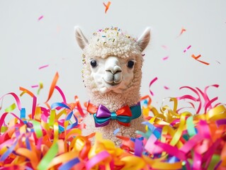Fototapeta premium Baby Alpaca Celebrates New Year Indoor Party Animal Photography Festive Environment Close-Up Joyful Celebration